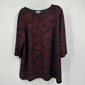 Catherines‎  Womens Tunic Top Size 1X Red Black Metallic Floral Damask Brocade